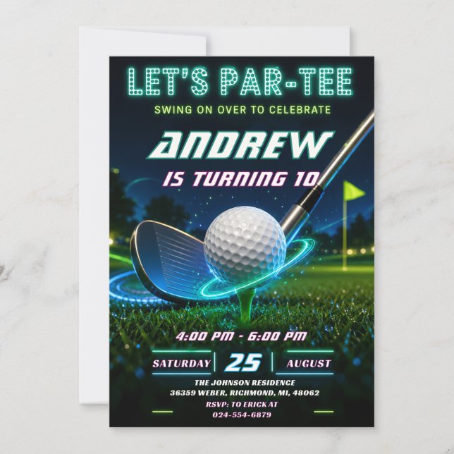 Invitación Cumpleaños de Golf Neon Personalizado (Anverso)