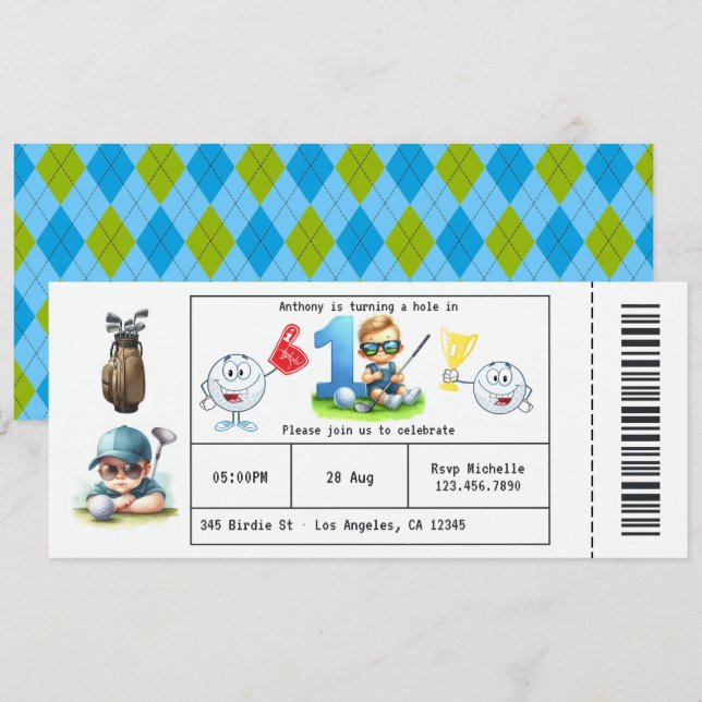 Invitación Cumpleaños de golf para niño estilo entrada 1er añ (Anverso / Reverso)