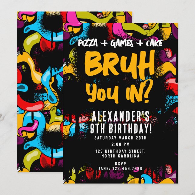 Invitación Cumpleaños de graffiti híp hop neon Bruh (Anverso / Reverso)