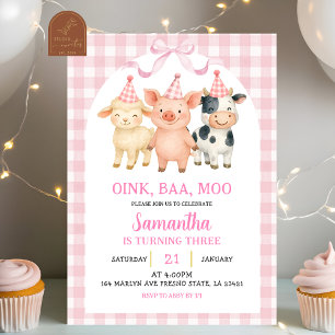 Invitación Cumpleaños de granja al estilo Blush Pink Gingham