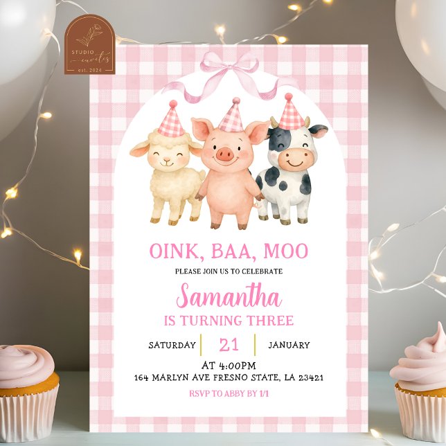 Invitación Cumpleaños de granja al estilo Blush Pink Gingham (Subido por el creador)