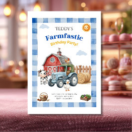 Invitación Cumpleaños de granja azul adorable para niños