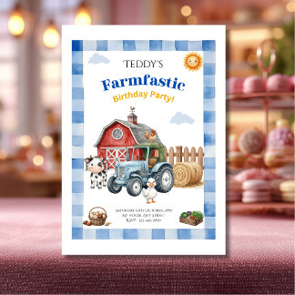Invitación Cumpleaños de granja azul adorable para niños