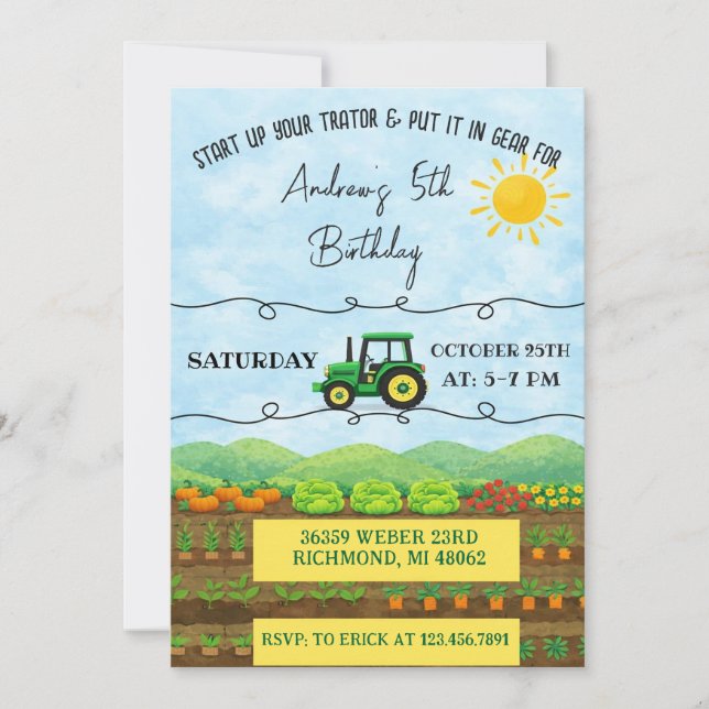 Invitación Cumpleaños de granja con tractor personalizado sim (Anverso)