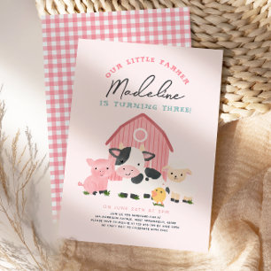 Invitación Cumpleaños de granja de cuadros rosados para niñas
