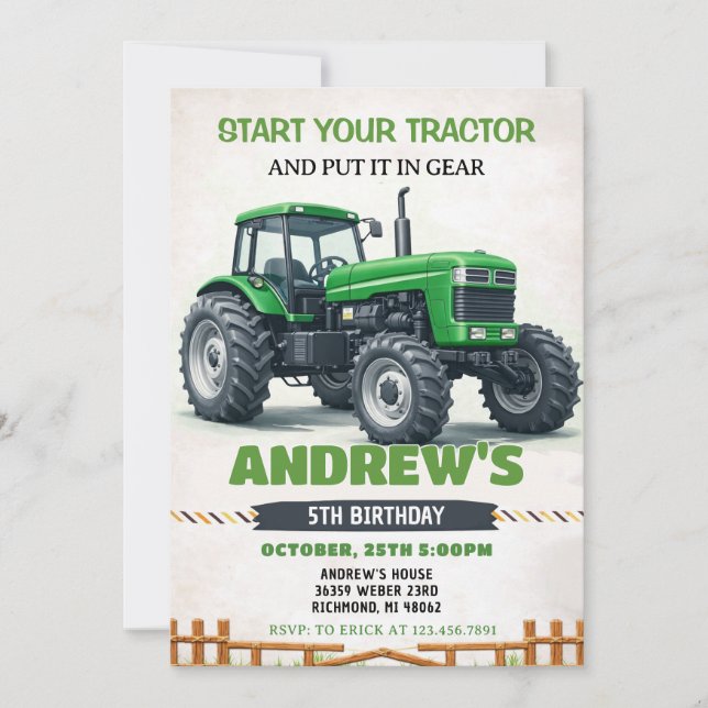 Invitación Cumpleaños de granja de tractor verde de niños per (Anverso)