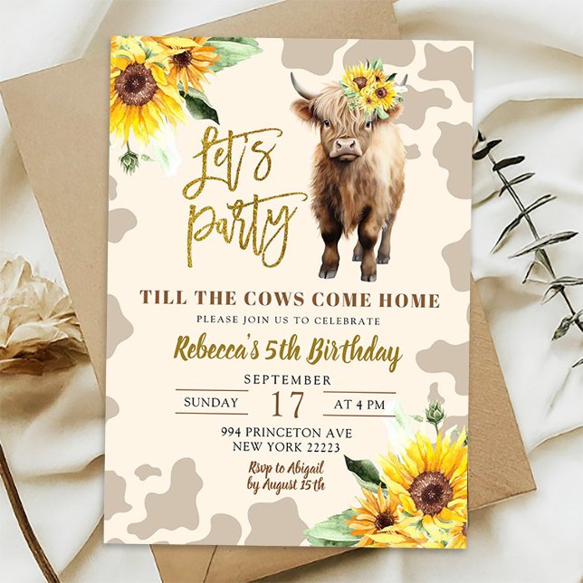 Invitación Cumpleaños de granja de vaca Highland de girasol n (Subido por el creador)