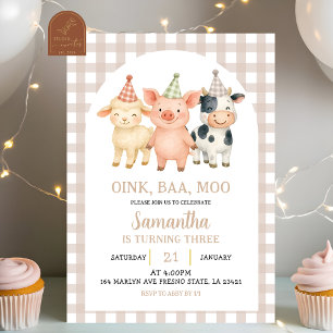 Invitación Cumpleaños de granja en gingham marfil beige