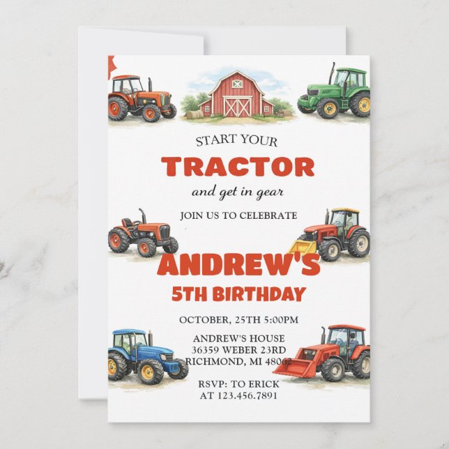 Invitación Cumpleaños de granja fiesta del tractor personal (Anverso)