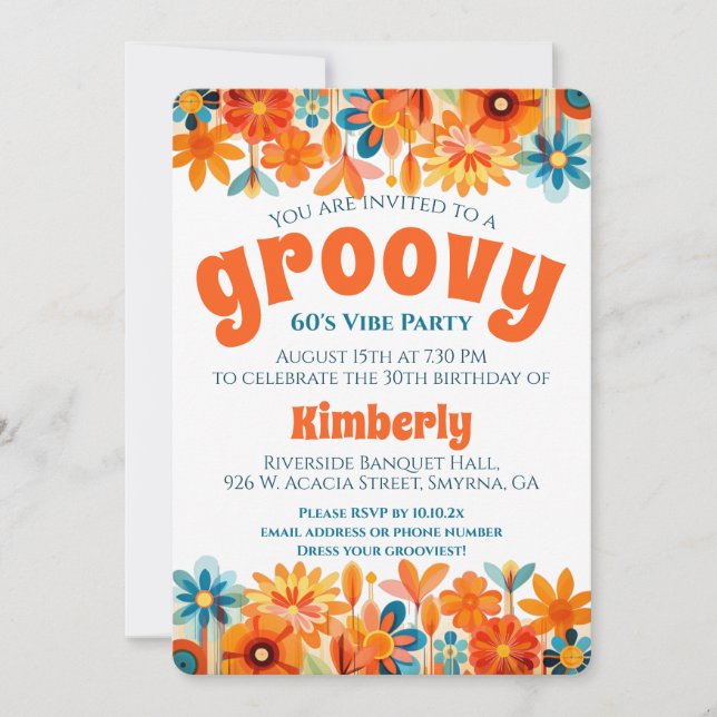 Invitación Cumpleaños de Groovy 60's Vibe Floral Retro (Anverso)