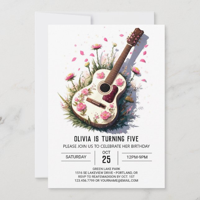 Invitación Cumpleaños de Guitarra Acústica Rosa (Anverso)