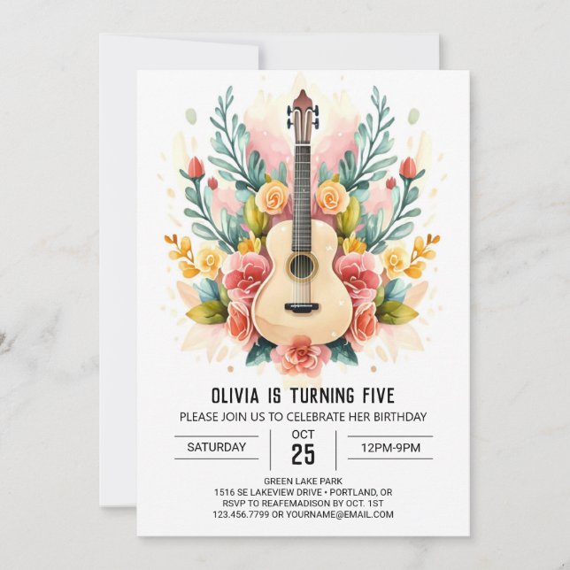 Invitación Cumpleaños de guitarra de músico acuarela (Anverso)
