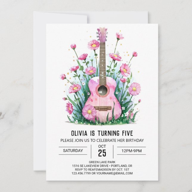 Invitación Cumpleaños de guitarra de músico acústico (Anverso)