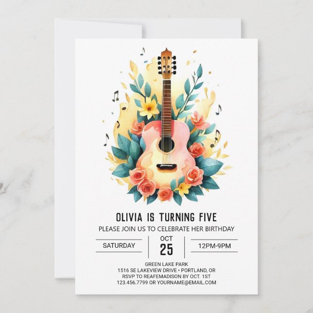 Invitación Cumpleaños de guitarra de músico acústico (Anverso)