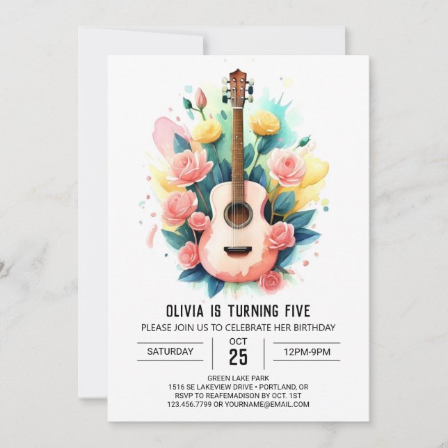 Invitación Cumpleaños de guitarra de músico acústico (Anverso)