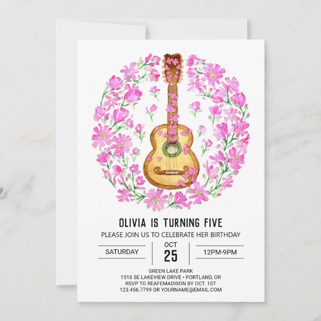 Invitación Cumpleaños de guitarra de músico acústico (Anverso)