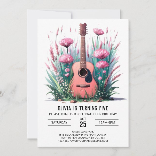 Invitación Cumpleaños de guitarra de músico caprichoso (Anverso)