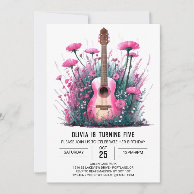 Invitación Cumpleaños de guitarra de músico mágico (Anverso)