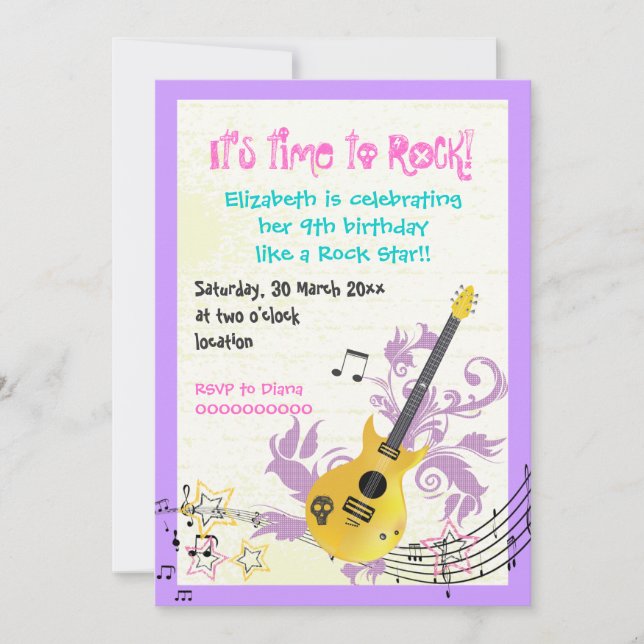 Invitación cumpleaños de guitarra eléctrica de chica estrella (Anverso)