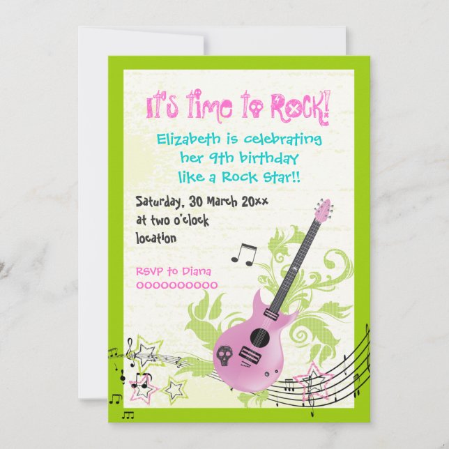 Invitación cumpleaños de guitarra eléctrica de chica estrella (Anverso)