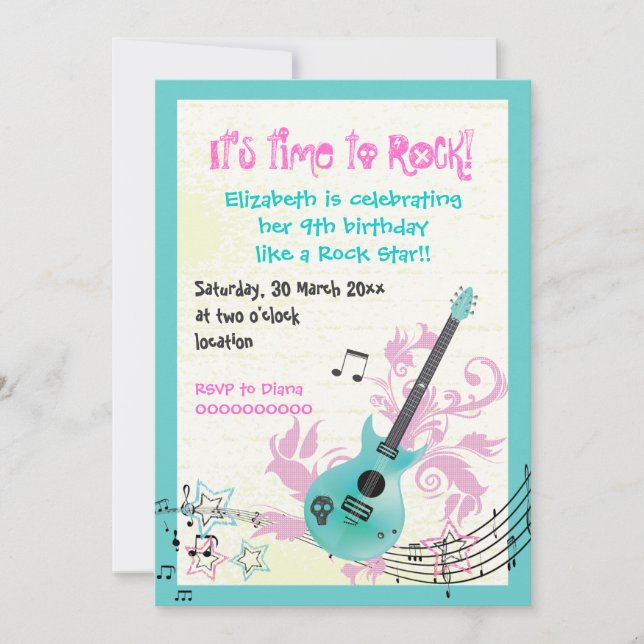 Invitación cumpleaños de guitarra eléctrica de chica estrella (Anverso)