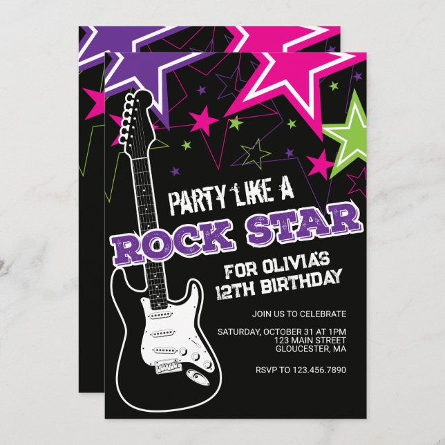 Invitación cumpleaños de guitarra púrpura Rockstar (Anverso / Reverso)