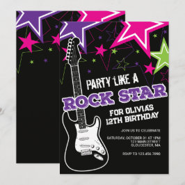 Invitación Cumpleaños de guitarra rosa púrpura rockstar