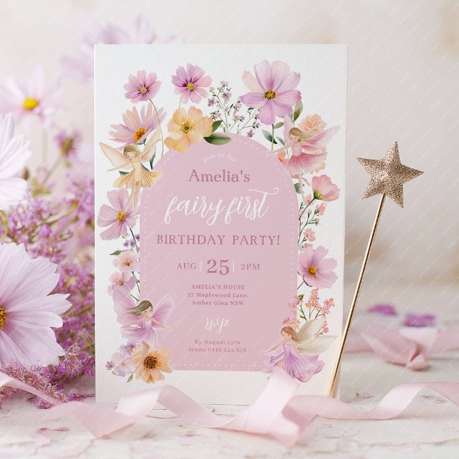 Invitación Cumpleaños de hada 1er Cumpleaños de hada Fiesta R (Fairy First Birthday Invitation Pink)