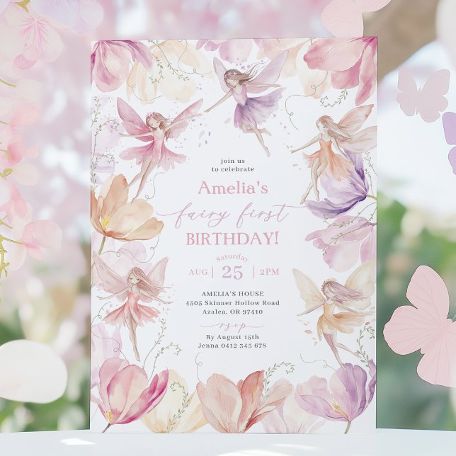 Invitación Cumpleaños de hada 1er Cumpleaños de hada Fiesta R (Fairy First Birthday Party in pink, peach and purple. )
