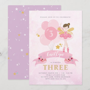 Invitación Cumpleaños de Hada Bailarina Dulce Rosa y Dorado