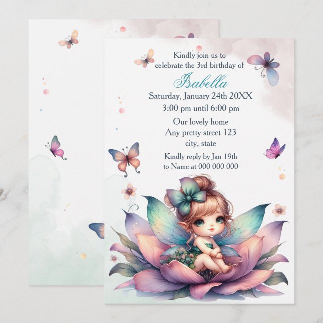 Invitación Cumpleaños de hada bonita sentada dentro de la flo (Anverso / Reverso)