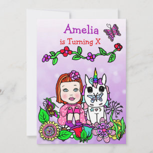 Invitación Cumpleaños de Hada Caucásica de Cabello Rojo y Uni