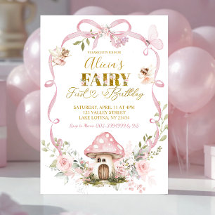 Invitación Cumpleaños de Hada Coqueta con Lazo Floral Rosa