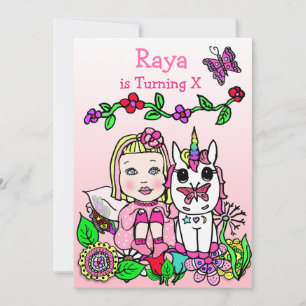 Invitación Cumpleaños de Hada de Cabello Rubio y Unicornio Ro