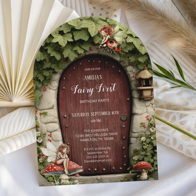 Invitación Cumpleaños de hada de champiñón (Mushroom and Fairy Door  Fairy First Birthday Party Invitation)