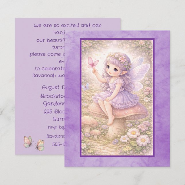 Invitación Cumpleaños de Hada de Lavanda Descarga Digital (Anverso / Reverso)