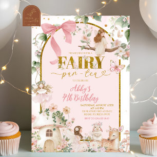 Invitación cumpleaños de hada de té en el bosque primaveral