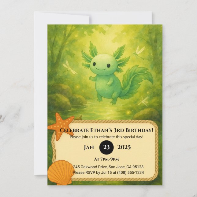 Invitación Cumpleaños de Hada del Bosque Axolotl (Anverso)