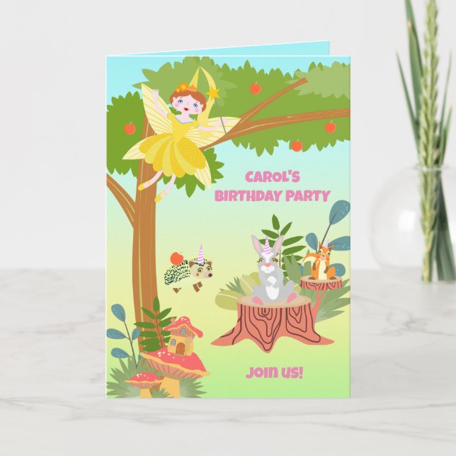 Invitación Cumpleaños de Hada del Jardín con amigos mascotas (Anverso)