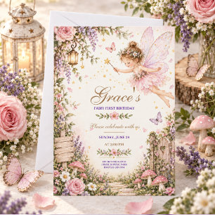 Invitación Cumpleaños de hada niña 1er Jardín Encantado Flora