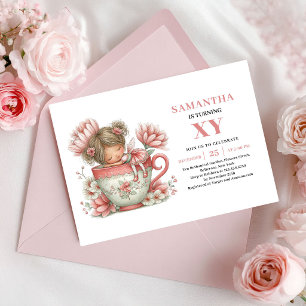 Invitación Cumpleaños de Hada Niña Rubor Floral Rosa Té Party