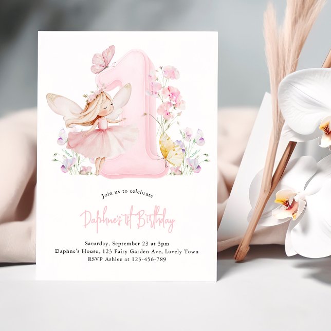 Invitación Cumpleaños de Hada Número Uno Rosa para Niñas (Fairy First Birthday Invitation with Pink Number One, Fairy, Sweet Peas and Butterflies)