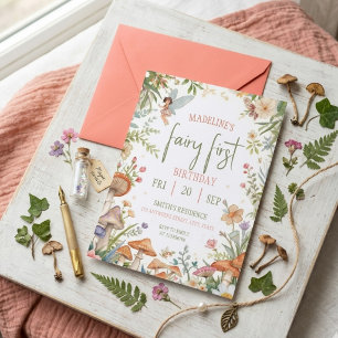 Invitación Cumpleaños de Hada por Primera Vez Bosque Acuarela