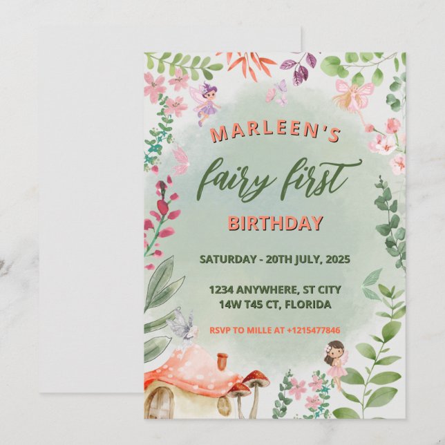 Invitación Cumpleaños de hada primer bosque acuarela hongo (Anverso / Reverso)
