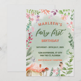 Invitación Cumpleaños de hada primer bosque acuarela hongo