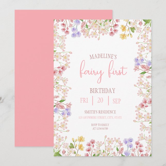 Invitación Cumpleaños de Hada Primer Bosque Acuarela Hongo  (Anverso / Reverso)