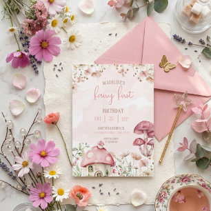 Invitación Cumpleaños de Hada Primer Bosque Acuarela Hongo