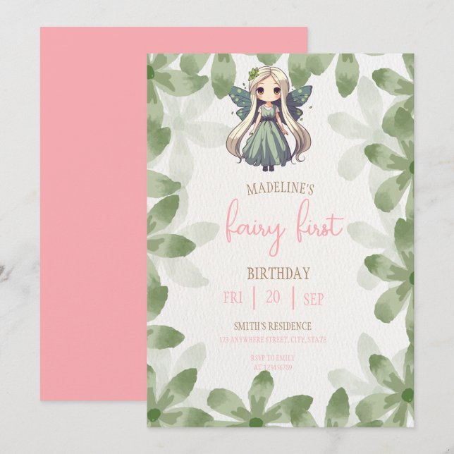 Invitación Cumpleaños de Hada Primer Bosque Acuarela Hongo  (Anverso / Reverso)