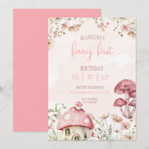 Invitación Cumpleaños de Hada Primer Bosque Acuarela Hongo 