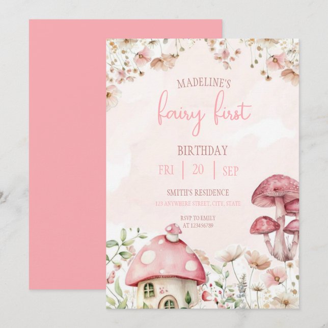 Invitación Cumpleaños de Hada Primer Bosque Acuarela Hongo  (Anverso / Reverso)